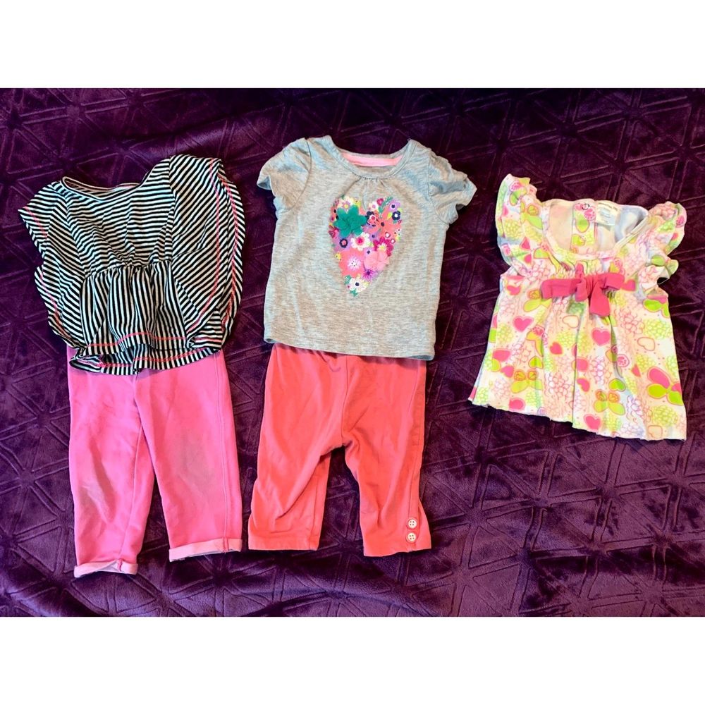 LOT of FIVE 12 month girls 3 short-sleeve tops and two leggings bottoms